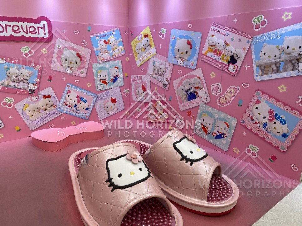 Pink Hello Kitty themed room with oversized slippers and wall collage. Fukuoka, Japan.