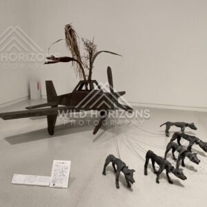 Contemporary sculpture installation featuring a plane-like form and chained dog figures. Fukuoka, Japan.