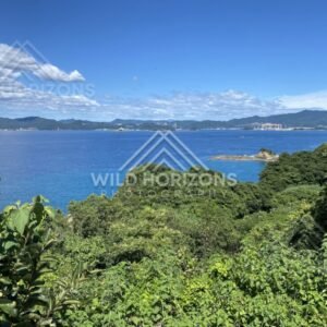 Coastal bay panorama with forested headlands, islands, and distant shoreline. Nagasaki, Japan.