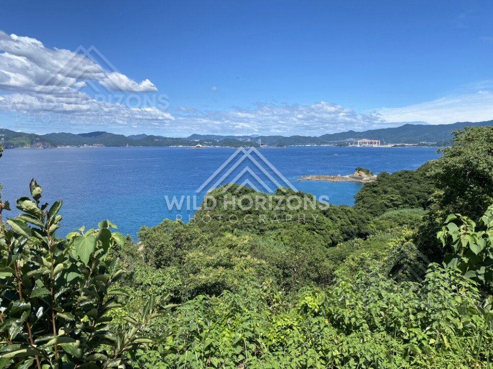 Coastal bay panorama with forested headlands, islands, and distant shoreline. Nagasaki, Japan.