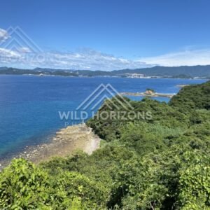 Rocky shoreline and forested peninsula overlooking clear blue coastal waters. Nagasaki, Japan.