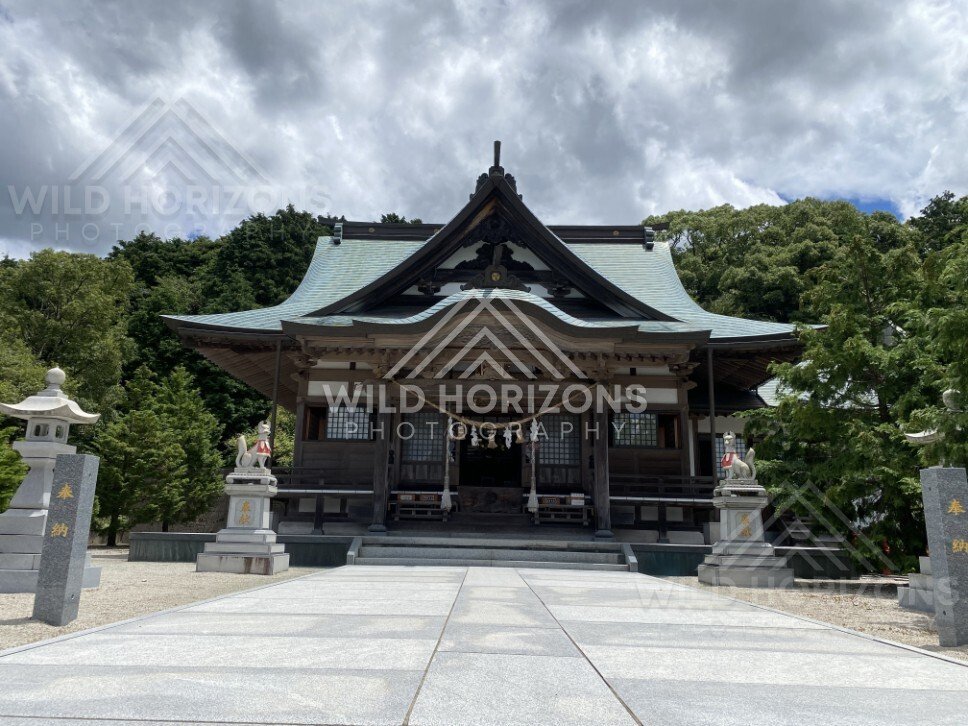 Front View of a Shinto Worship Hall at Mount Kagami. Karatsu, Japan.