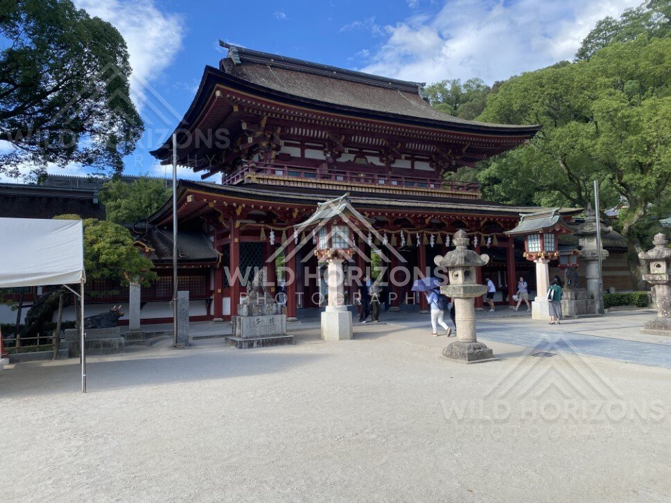Main Gate and Lanterns at Dazaifu Tenmangu Shrine. Dazaifu, Japan.