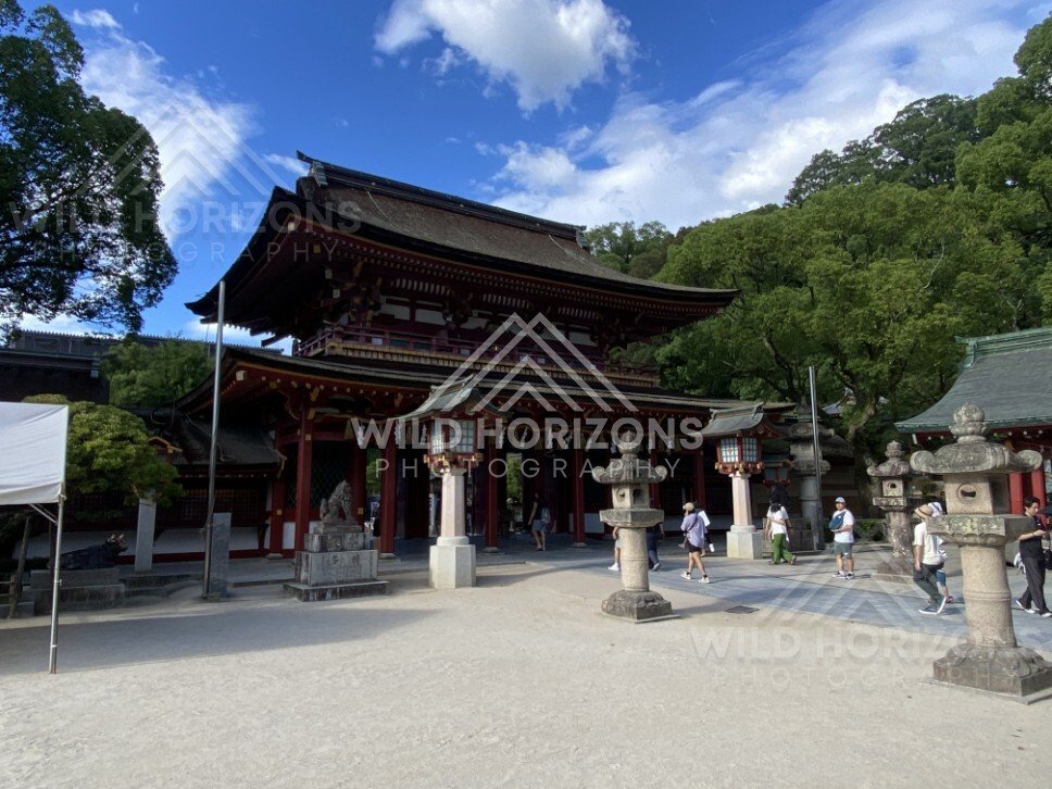 Main Shrine Gate and Courtyard at Dazaifu Tenmangu. Fukuoka, Japan.