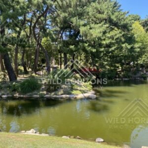 Red Footbridge Across the Pond in Shukkeien Garden. Hiroshima, Japan.