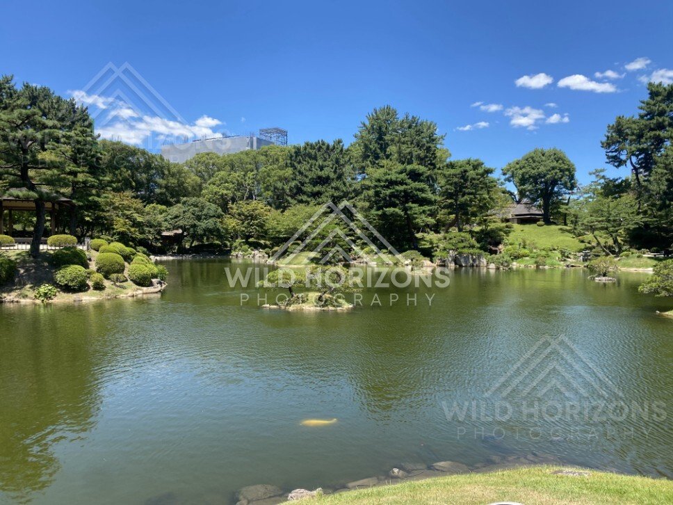 Wide View Across Shukkeien Garden Pond with Sculpted Shrubs. Hiroshima, Japan.