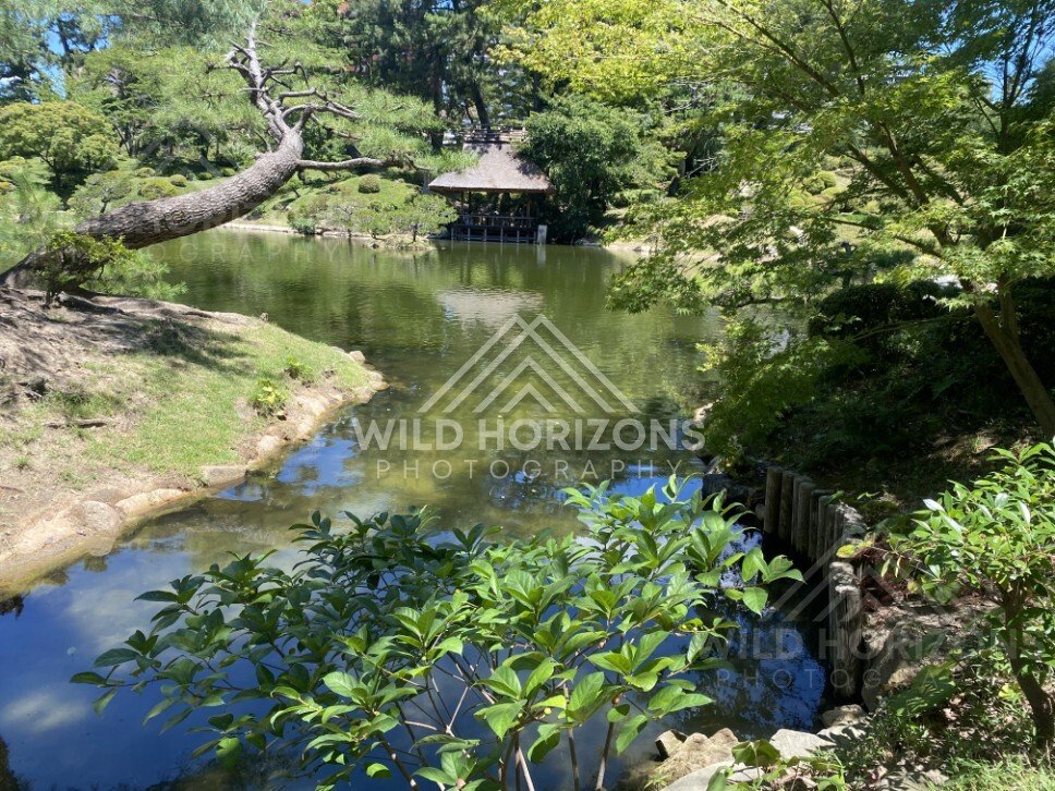 Pond Inlet and Pavilion in Shukkeien Garden. Hiroshima, Japan.