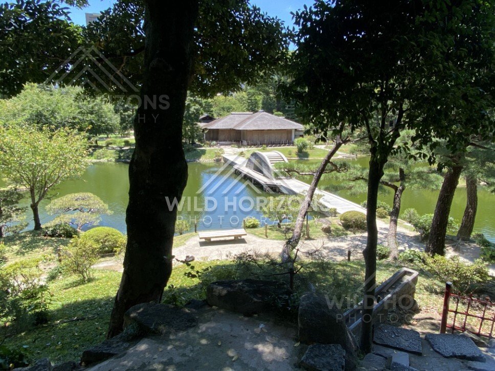 Elevated View of the Garden Bridge and Pavilion. Hiroshima, Japan.