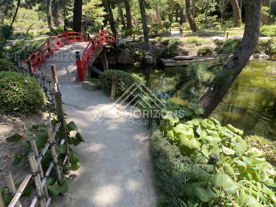 Red Arched Bridge Crossing a Garden Pond. Hiroshima, Japan.