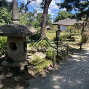Stone Lantern and Tea House Garden Scene. Hiroshima, Japan.