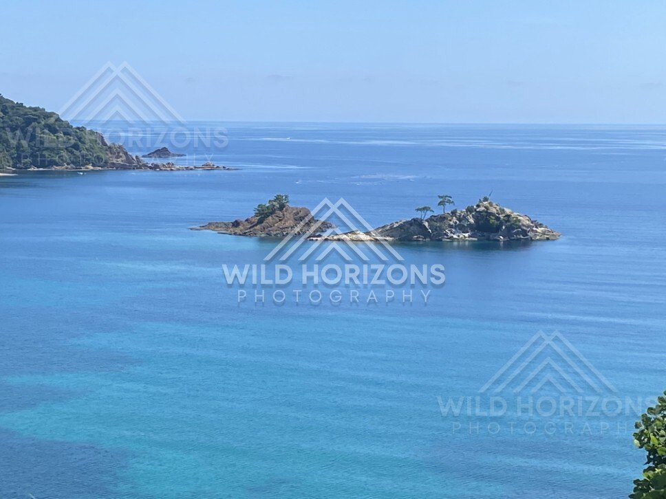 Two Tree-Topped Islets in a Bright Blue Sea. Shimane, Japan.