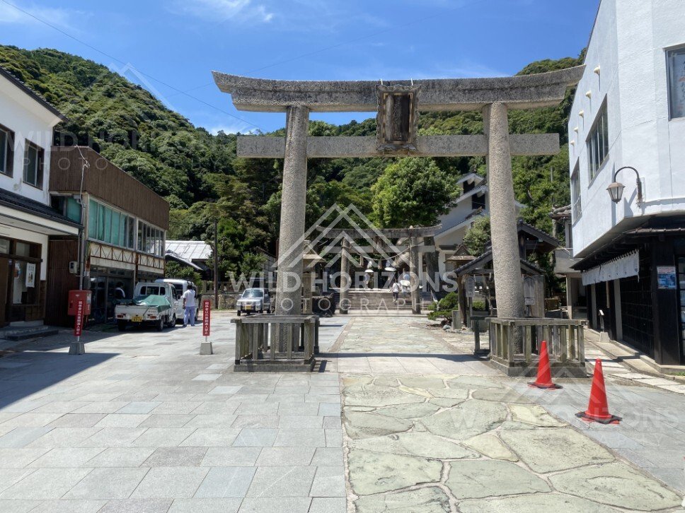 Large Stone Torii Gate at a Shrine Approach. Mihonoseki, Japan.