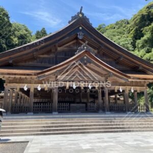 Front View of a Large Wooden Shrine Hall With Sacred Rope. Mihonoseki, Japan.