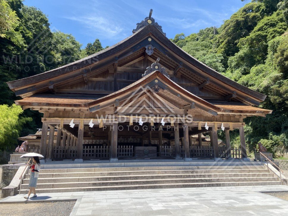Front View of a Large Wooden Shrine Hall With Sacred Rope. Mihonoseki, Japan.