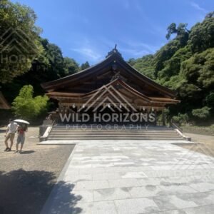 Wide View of Miho Shrine Hall and Open Courtyard Under Blue Sky. Mihonoseki, Japan.