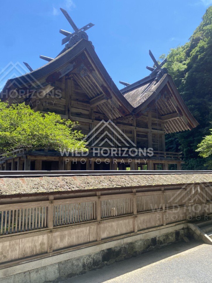 Side View of a Traditional Shrine Roof With Crossed Chigi Beams. Mihonoseki, Japan.
