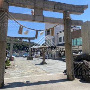 Stone Torii Gate Framing a Harbourfront Street. Mihonoseki, Japan.