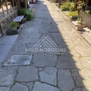 Stone-Paved Shopping Street With Potted Plants and Deep Shadows. Mihonoseki, Japan.