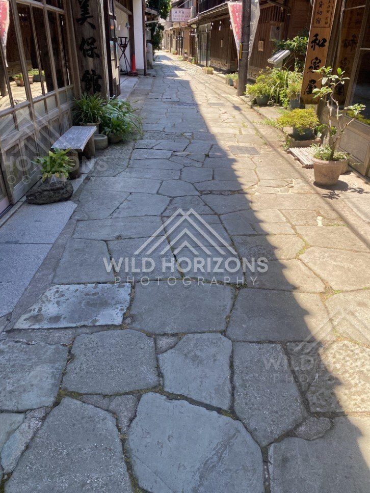 Stone-Paved Shopping Street With Potted Plants and Deep Shadows. Mihonoseki, Japan.