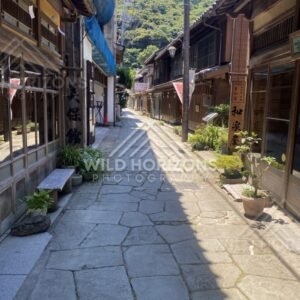 Traditional Storefronts Along a Narrow Lane With Mountain Backdrop. Mihonoseki, Japan.