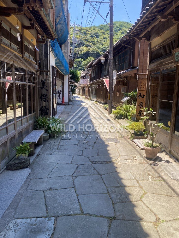 Traditional Storefronts Along a Narrow Lane With Mountain Backdrop. Mihonoseki, Japan.