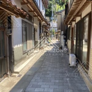 Narrow Paved Alley With Eaves, Wires, and Bamboo Hillside. Mihonoseki, Japan.