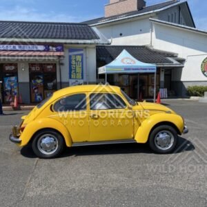 Yellow Beetle outside the Gosho Aoyama Manga Factory entrance. Hokuei, Japan.