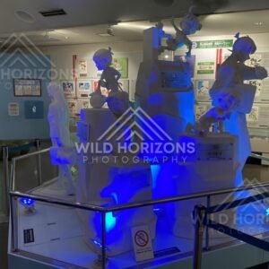 Blue-lit character sculpture installation inside the Gosho Aoyama Manga Factory. Hokuei, Japan.