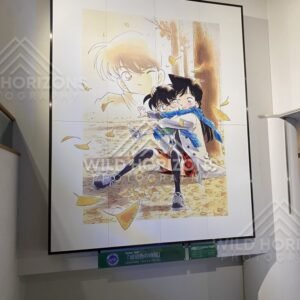 Large framed Detective Conan artwork display inside the Gosho Aoyama Manga Factory. Hokuei, Japan.