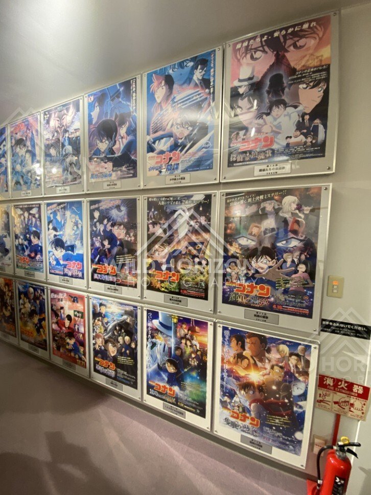 Wall of Detective Conan movie posters inside the Gosho Aoyama Manga Factory. Hokuei, Japan.