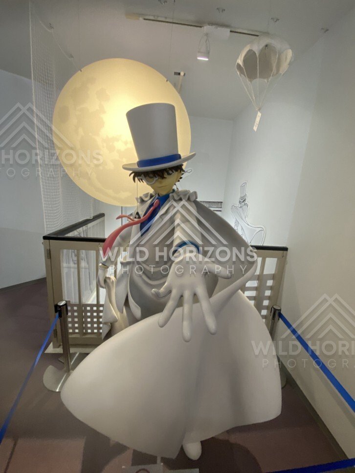 Kaitou Kid statue with moon backdrop inside the Gosho Aoyama Manga Factory. Hokuei, Japan.