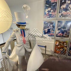 Kaitou Kid statue beside Detective Conan posters inside the Gosho Aoyama Manga Factory. Hokuei, Japan.