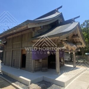 Sacred Rope and Wooden Eaves on a Hakuto Shrine Building. Tottori, Japan.