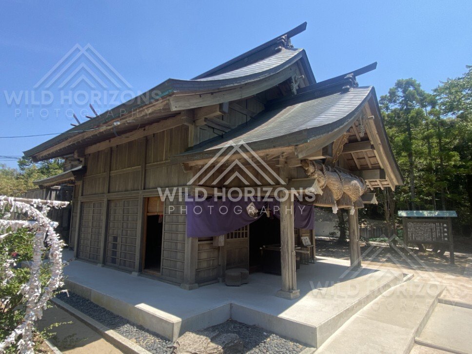 Sacred Rope and Wooden Eaves on a Hakuto Shrine Building. Tottori, Japan.