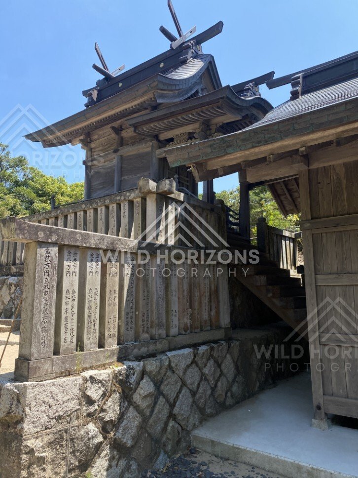 Raised Wooden Shrine Structure and Fence at Hakuto Shrine. Tottori, Japan.