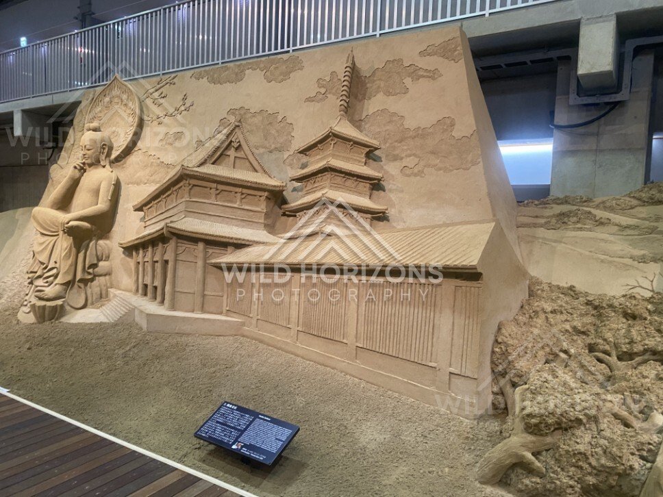 Sand Sculpture of Traditional Japanese Temple Architecture. Tottori Sand Museum, Japan.