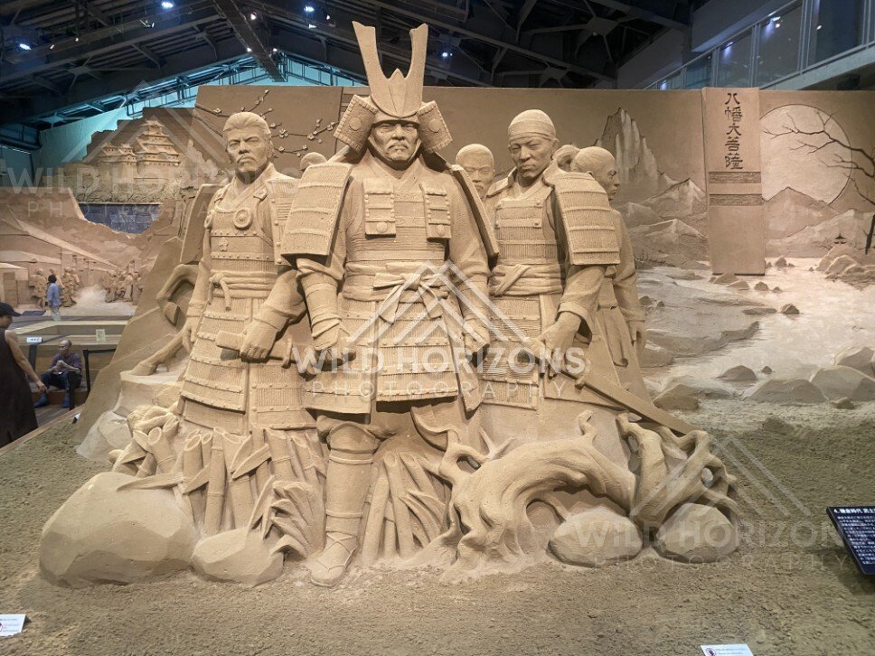 Sand Sculpture of Armored Samurai Warriors and Leaders. Tottori Sand Museum, Japan.