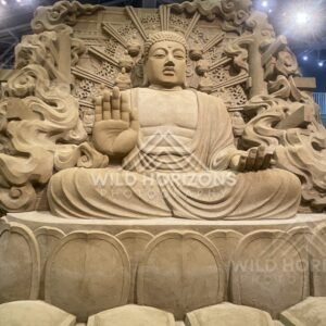 Sand Sculpture of Seated Buddha with Ornate Halo. Tottori Sand Museum, Japan.
