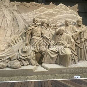 Panoramic Sand Sculpture with Sailing Ship and Historical Figures. Tottori Sand Museum, Japan.