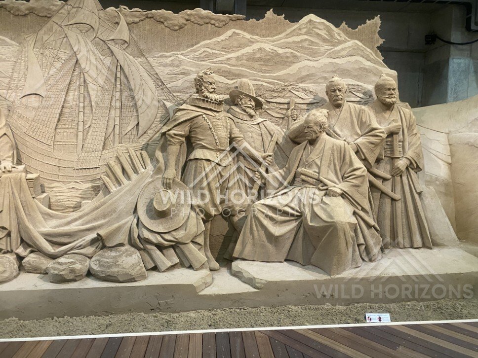 Panoramic Sand Sculpture with Sailing Ship and Historical Figures. Tottori Sand Museum, Japan.