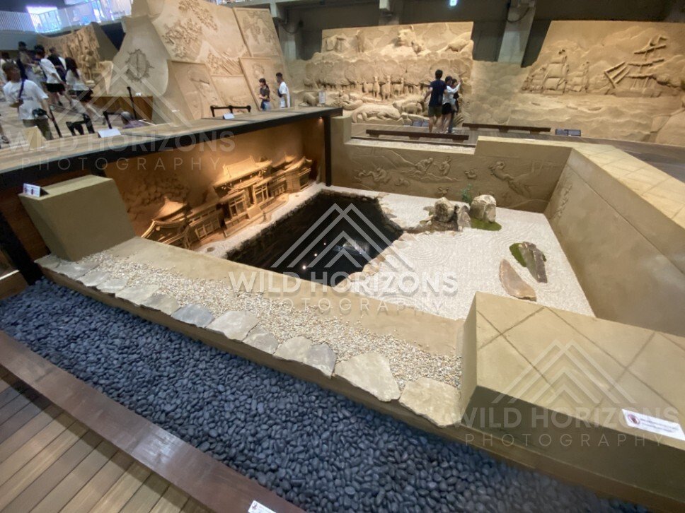 Indoor Water Feature with Sand Sculpture Temple Display. Tottori Sand Museum, Japan.
