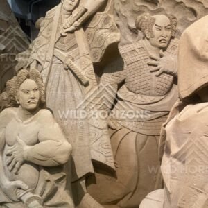 Sand Sculpture of Samurai Warrior with Spear and Attendants. Tottori Sand Museum, Japan.