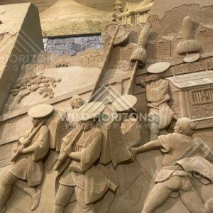 Sand Sculpture Procession with Straw Hats and Palanquin. Tottori Sand Museum, Japan.