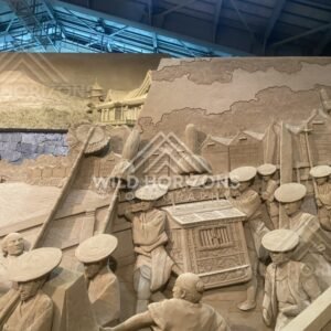 Wide Sand Sculpture Scene of Procession and Temple Structures. Tottori Sand Museum, Japan.