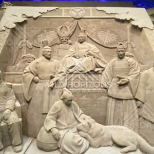 Wide View of Sand Sculpture Panel with Figures and Resting Dog. Tottori Sand Museum, Japan.
