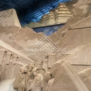 Sand Sculpture City Wall Scene with Temple Roof Detail. Tottori Sand Museum, Japan.