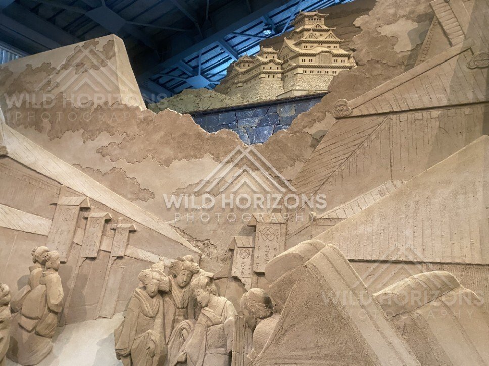 Sand Sculpture City Wall Scene with Temple Roof Detail. Tottori Sand Museum, Japan.