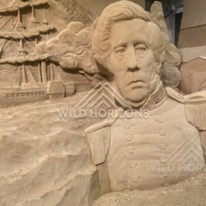 Sand Sculpture Bust of a Naval Officer with Sailing Ship Relief. Tottori Sand Museum, Japan
