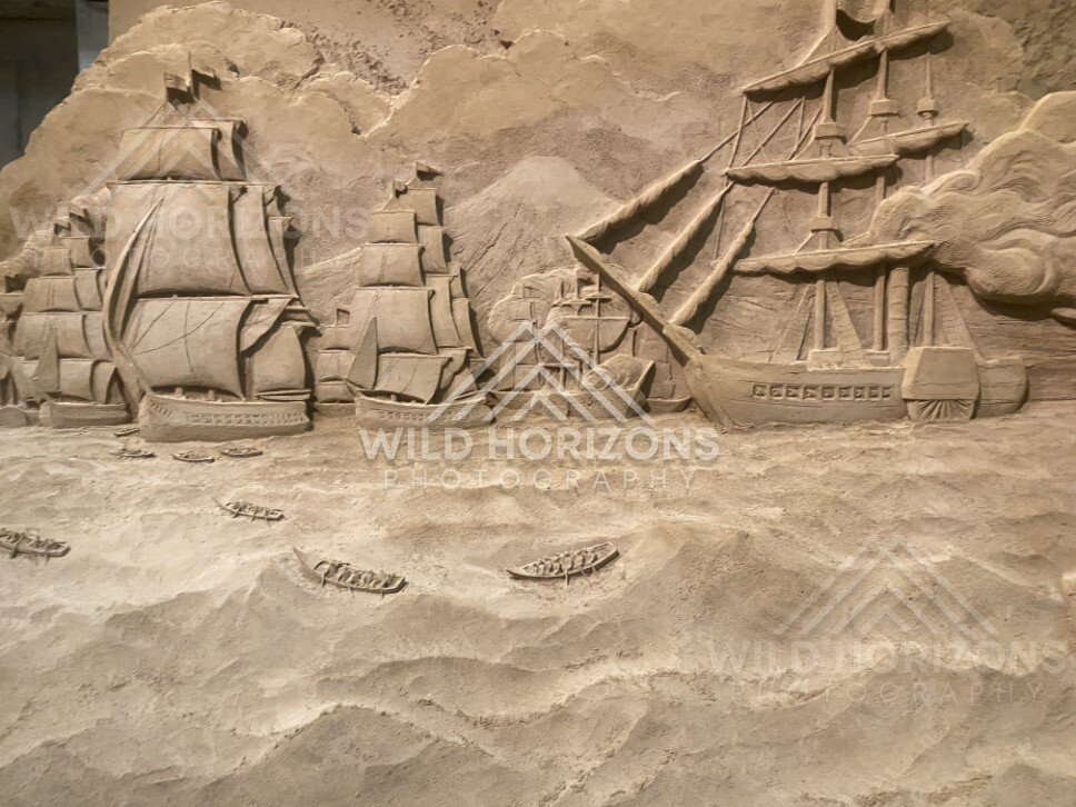 Sand Relief of a Fleet of Sailing Ships on a Rough Sea. Tottori Sand Museum, Japan
