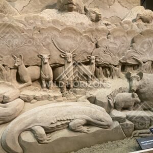 Close-Up Sand Sculpture Panel of Deer, Boar and Other Animals. Tottori Sand Museum, Japan